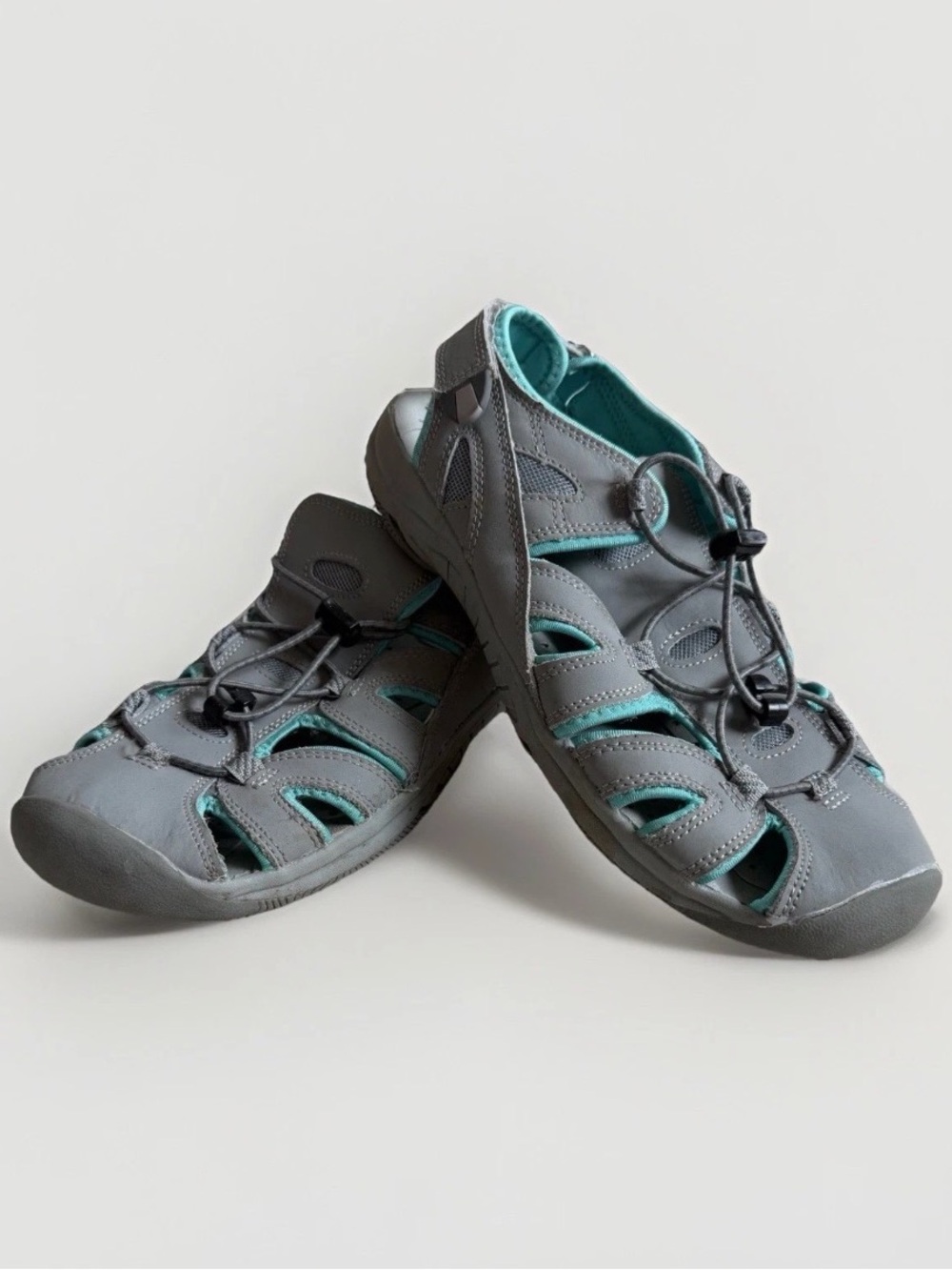 Eddie Bauer Mary Hiking Water Shoes Sandals Womens 10 Grey Teal Leather Bump Toe